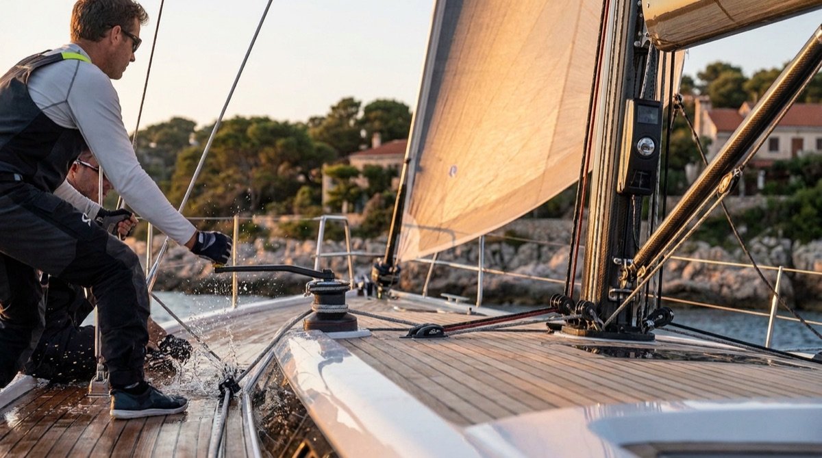 Sailor working at a yacht winch during a coastal passage